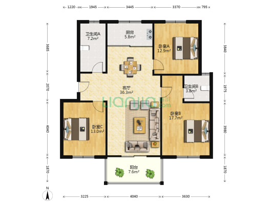文贤苑东区 3室1厅2卫 120平方