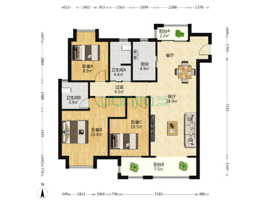 龙居东郡 3室1厅2卫 115平方