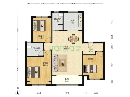 四建空港花园 3室1厅2卫 135平方