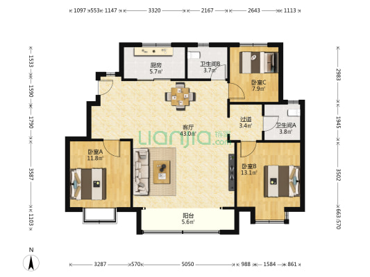 新城港东府 3室1厅2卫 126平方