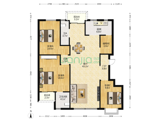 机关住宅小区 3室1厅2卫 141平方