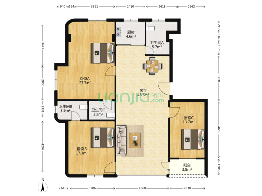 健生路文明小区 3室1厅3卫 142平方