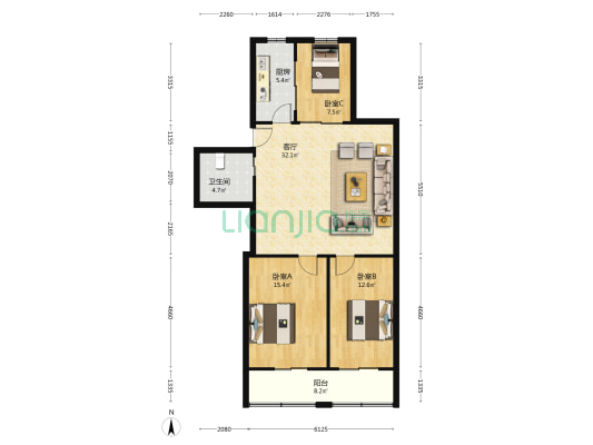 八方公寓 3室1厅1卫 122平方