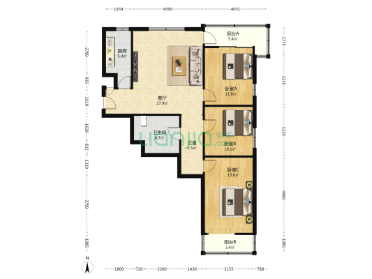 百隆广场 3室1厅1卫 138平方