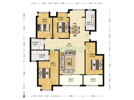 绿地国际博览城二期天玺 4室1厅2卫 138平方
