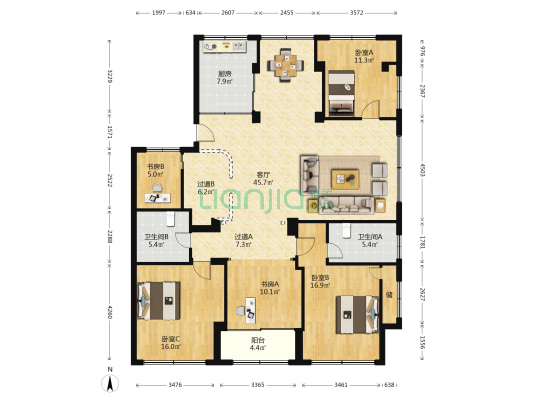 鸿源小区 5室1厅2卫 180平方