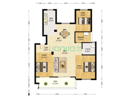 梅里春天 3室2厅1卫 105平方