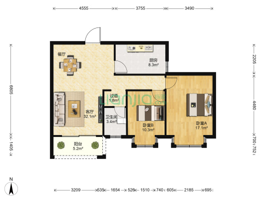 安峡时代广场 2室1厅1卫 103平方