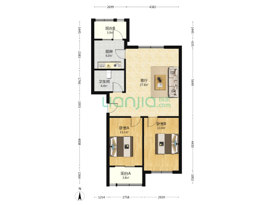福堤园 2室1厅1卫 88平方