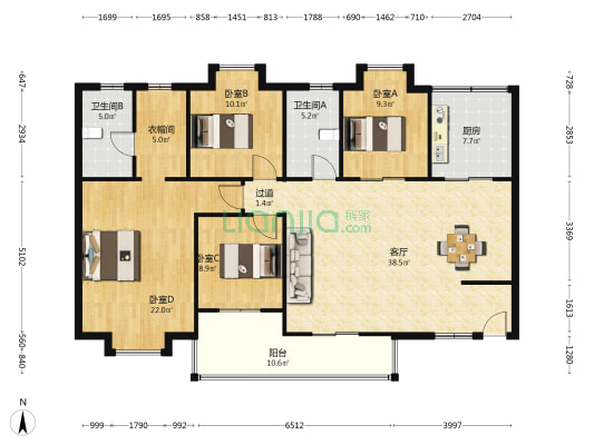江腾苑A2区 4室1厅2卫 149平方