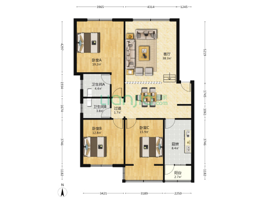 富景小区 3室1厅2卫 127平方