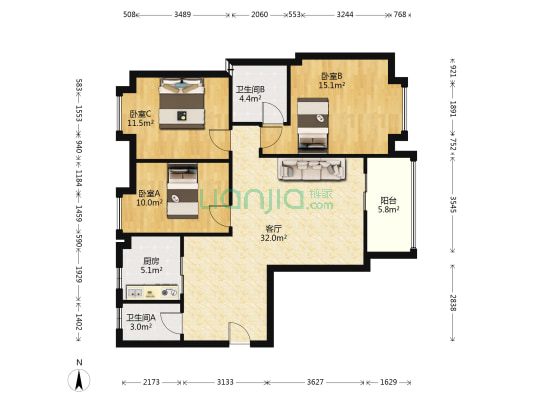 美佳园小区 3室1厅2卫 113平方