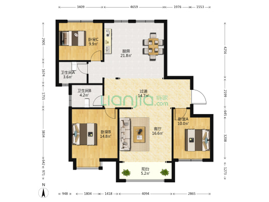 大美如园 3室1厅2卫 136平方