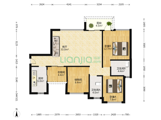 华彩公馆 2室1厅2卫 104平方