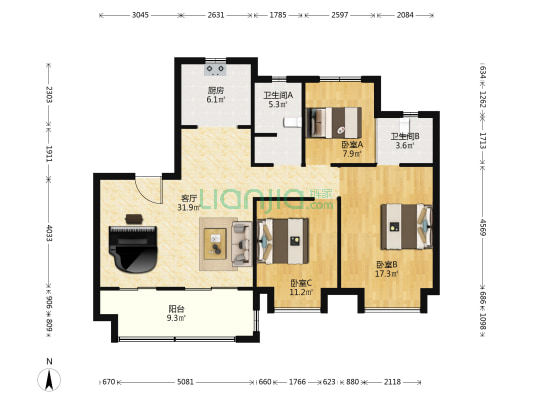 绿地江海图 3室1厅2卫 121平方