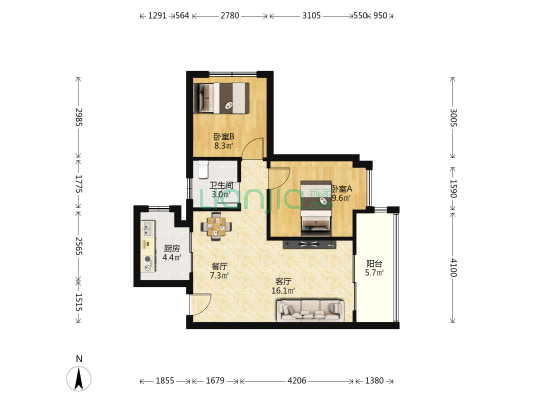 鸿翠阁 2室2厅1卫 69平方