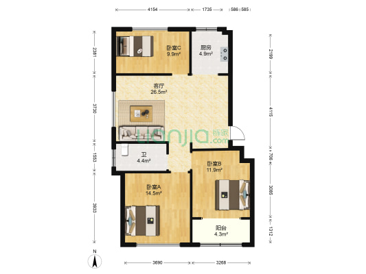 金玉华府 3室1厅1卫 98平方