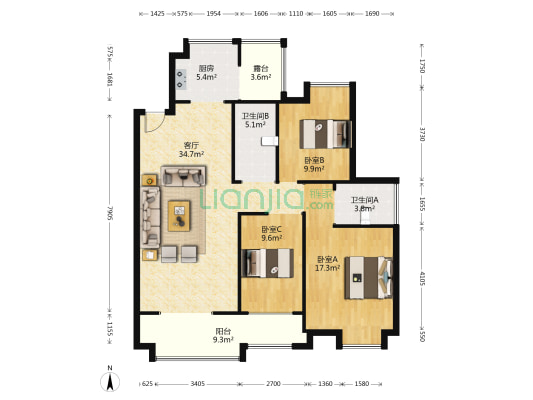 凯旋城 3室1厅2卫 126平方