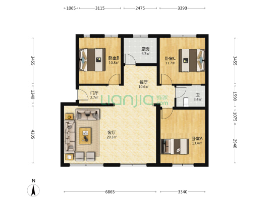 爱心园 3室2厅1卫 110平方