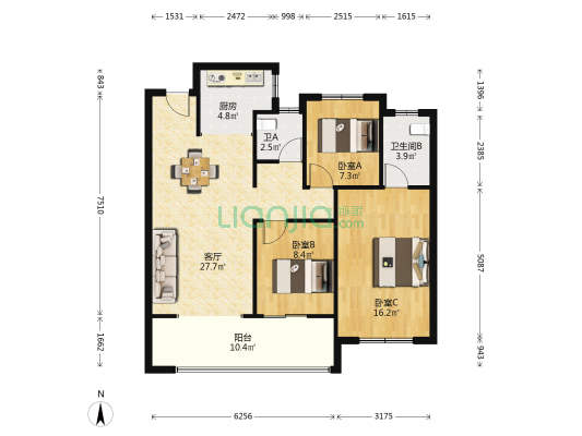 万达·海派大观 3室1厅2卫 108平方