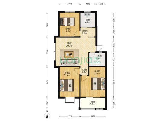 贵人蝶苑 3室1厅1卫 91平方