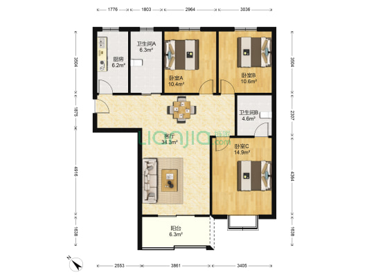 汉博佳园 3室1厅2卫 113平方