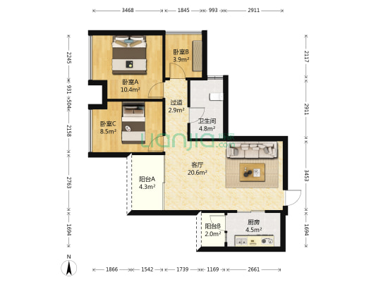 保利上城 3室1厅1卫 78平方