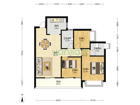 恒大文化旅游城13组团 3室1厅2卫 98平方