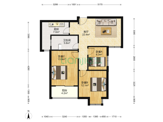 金筑家园 3室1厅1卫 91平方