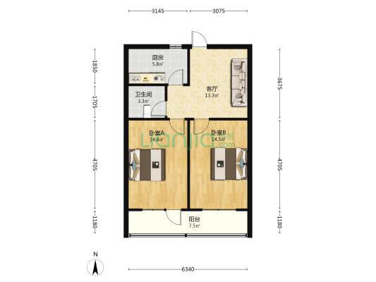 祺府苑小区 2室1厅1卫 67平方