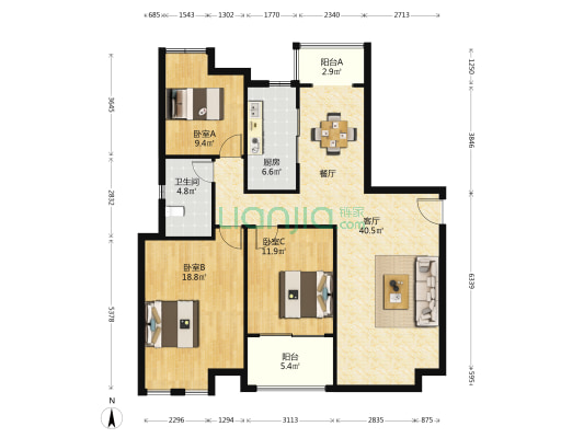 幸福1号公馆 3室1厅1卫 137平方