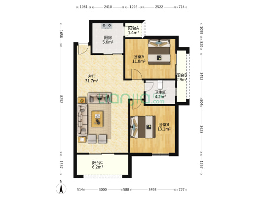 小军山社区 2室1厅1卫 95平方