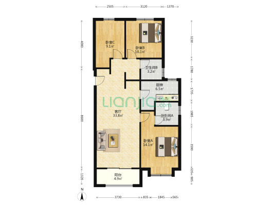 富力城八号园东园 3室1厅2卫 120平方