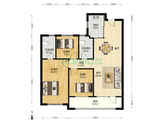 大云谷金茂府悦府南区 3室1厅2卫 116平方