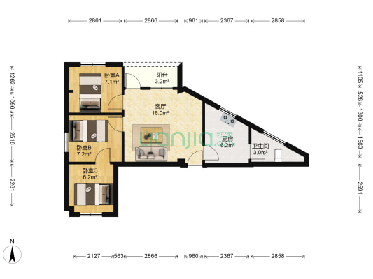 趣园楼 3室1厅1卫 62平方