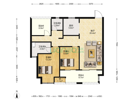 尚隽华庭 2室1厅2卫 107平方