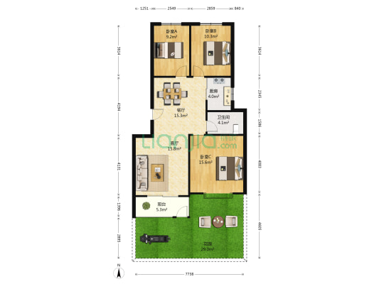 理想名城 3室2厅1卫 102平方