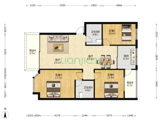 西秀园 3室2厅2卫 115平方