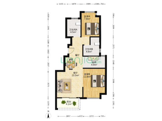 朗诗绿洲璟院 2室1厅2卫 78平方