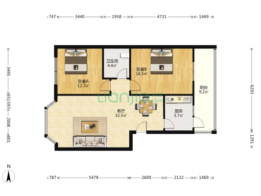 金强柳浪湾4号院 2室1厅1卫 89平方
