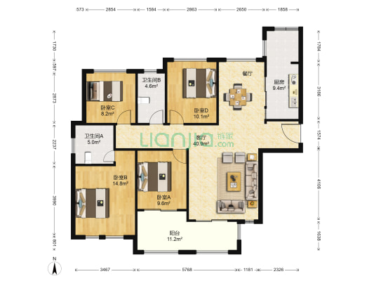 蓝庭印象花园 4室1厅2卫 136平方