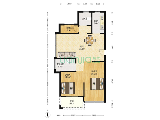 华景川云流名邸 2室1厅2卫 95平方