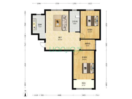滨江三期 2室1厅1卫 105平方