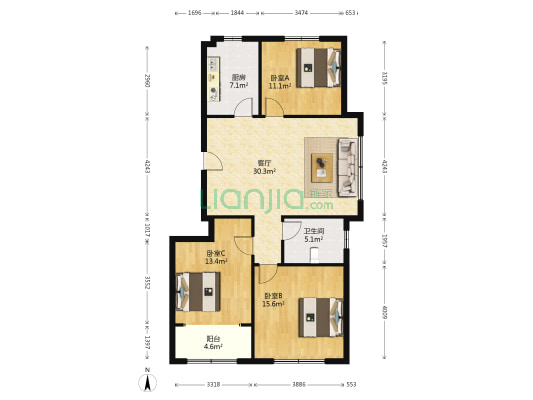 新富佳苑 3室1厅1卫 103平方