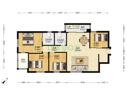 怡海广场 4室1厅2卫 109平方