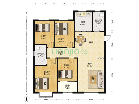 恒信宝通御园 4室1厅2卫 128平方