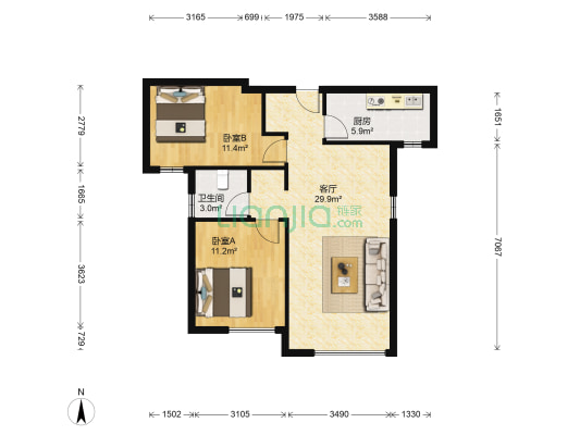 雍鑫莱茵翠景 2室1厅1卫 87平方