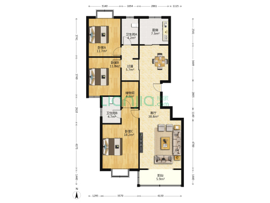 解放东路58号 3室1厅2卫 141平方