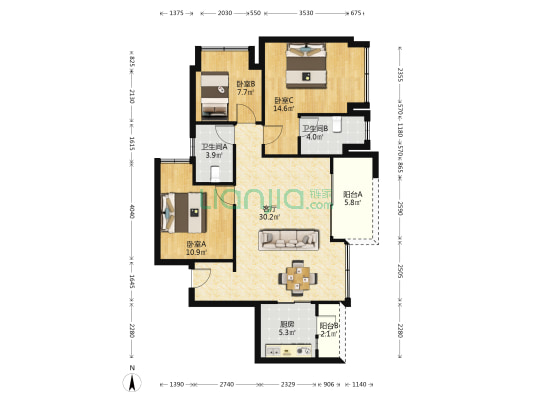 万科森林公园林璟 3室1厅2卫 98平方