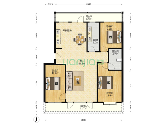鑫兴书香园 3室1厅1卫 122平方